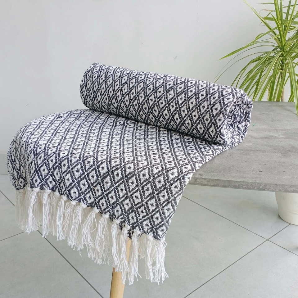 image 1 of Eden Cotton Geometric Throw Silver | Silver (150x120 cm)