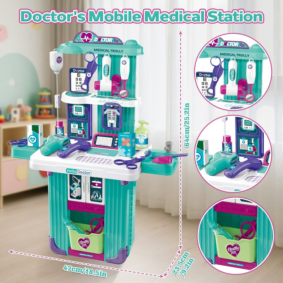 image 1 of Interactive Doctor Playset with Medical Trolley Cart Pretend Medical Tool Box Play Toy for Kids, Toddlers - Includes Doctor Tools & Accessories