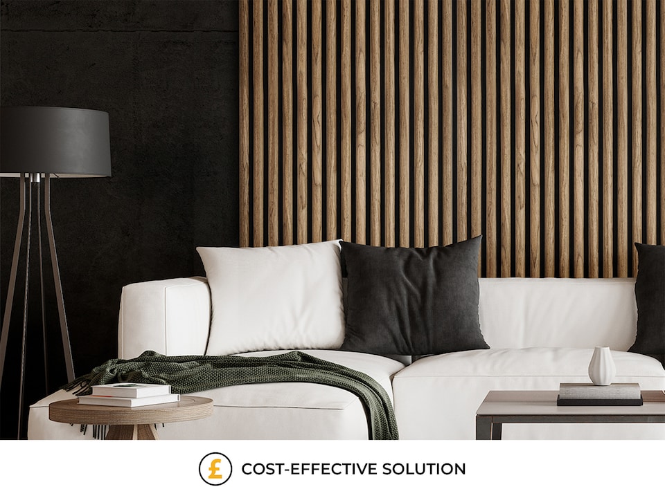 image 1 of Fuse Acoustic Wooden Reeded Wall Panel in Walnut Effect, 2.4m x 0.6m