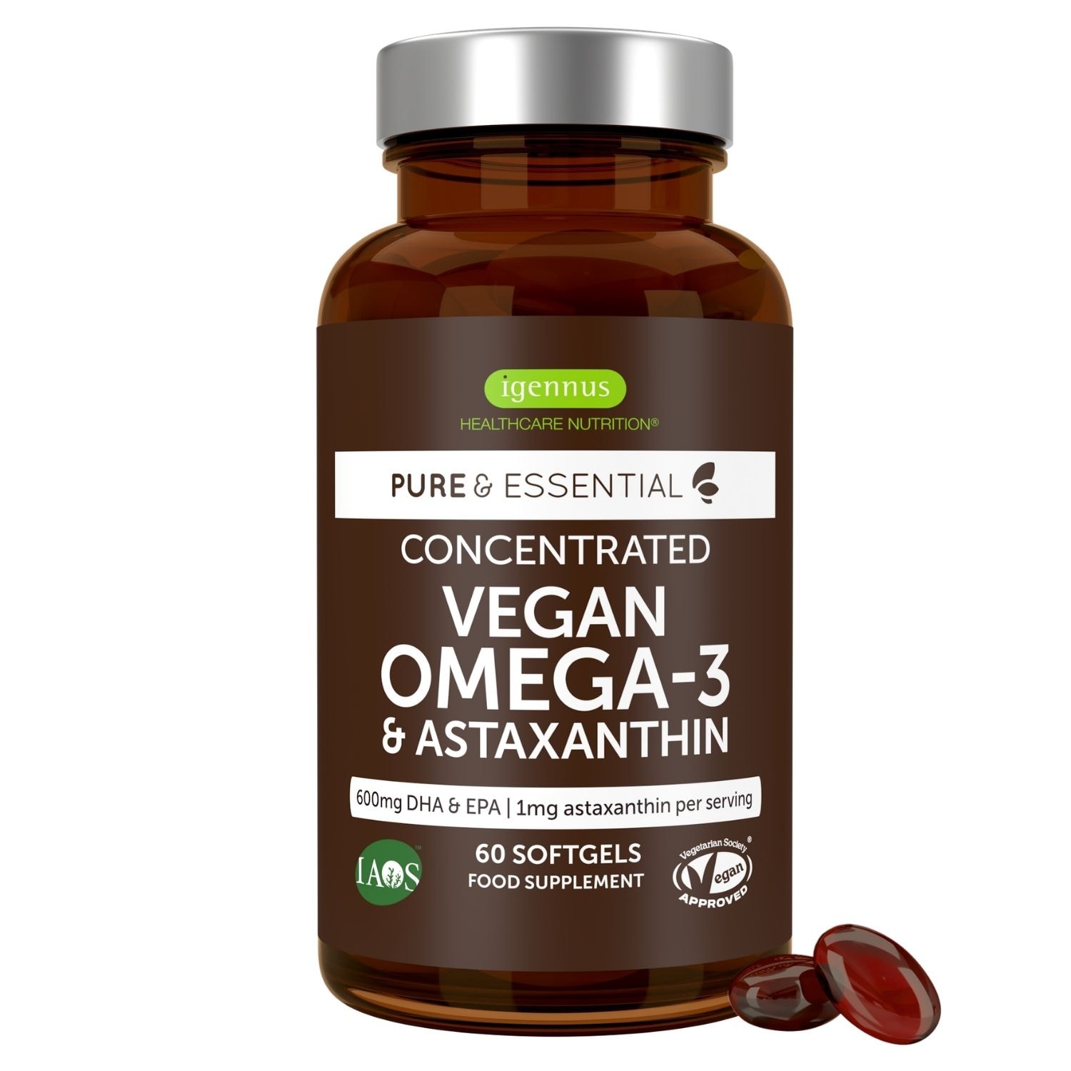 Igennus Vegan Omega-3 Algae Oil, 400mg DHA & 200mg EPA & Astaxanthin, 60 Softgels