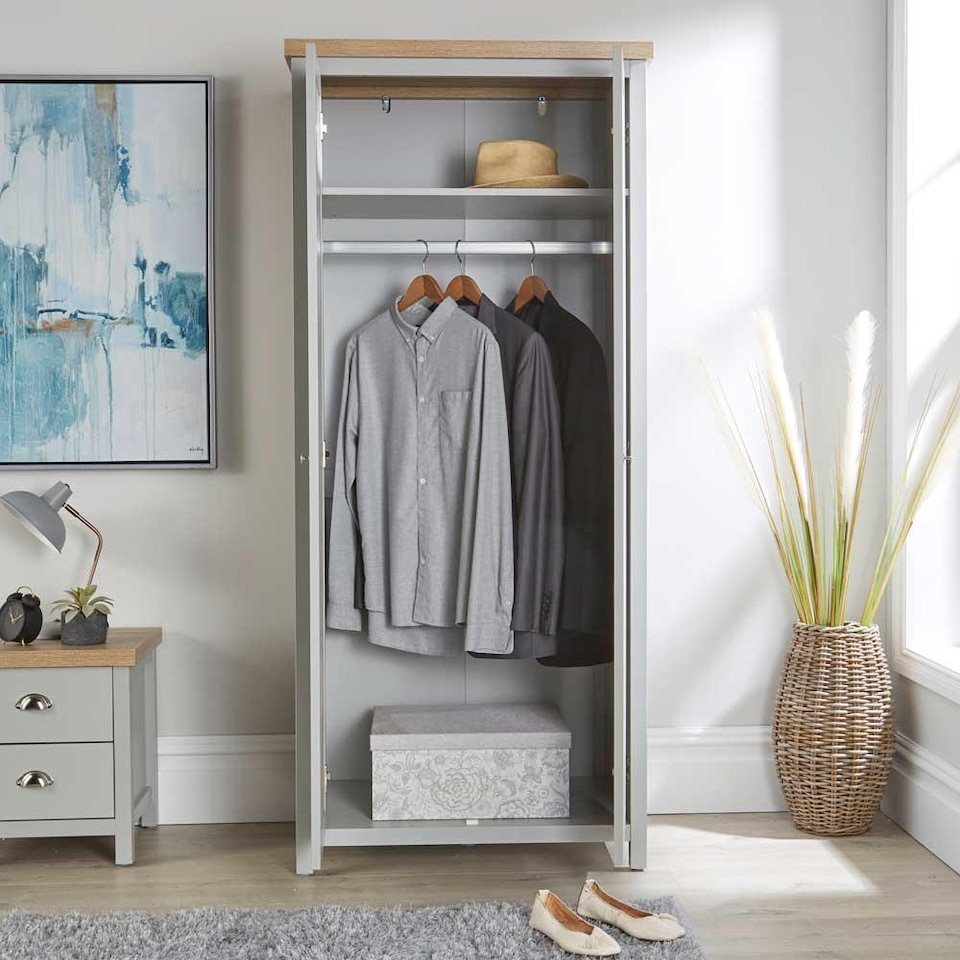 image 1 of Wardrobe 2 or 3 Door Two Tone Oak Top Wooden Hanging Rail Storage Shelves | Grey