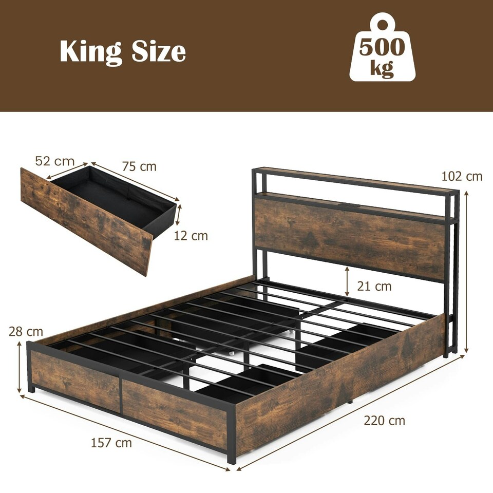 image 1 of COSTWAY King Size Bed Frame Metal Platform LED Lights