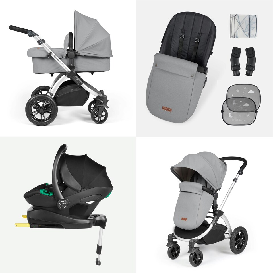 image 1 of Stomp Luxe 12pc Travel System with Stratus i-Size Car Seat & ISOFIX Base, Carrycot, Reversible Seat, Rain Cover & More (Black/Pearl Grey/Black)