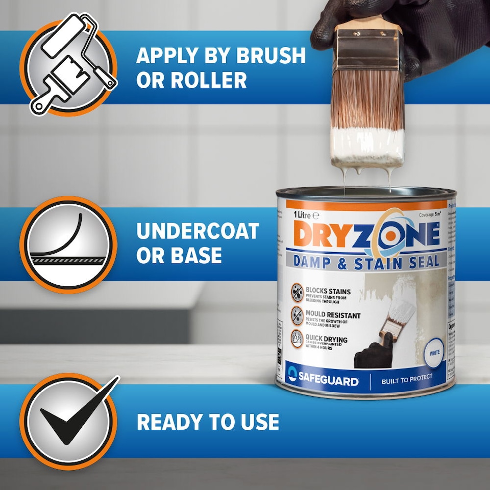 image 1 of Dryzone White Stain Seal & Damp Proof Paint (500ml, White) - Block Damp on Interior Walls | White | White | 500ml