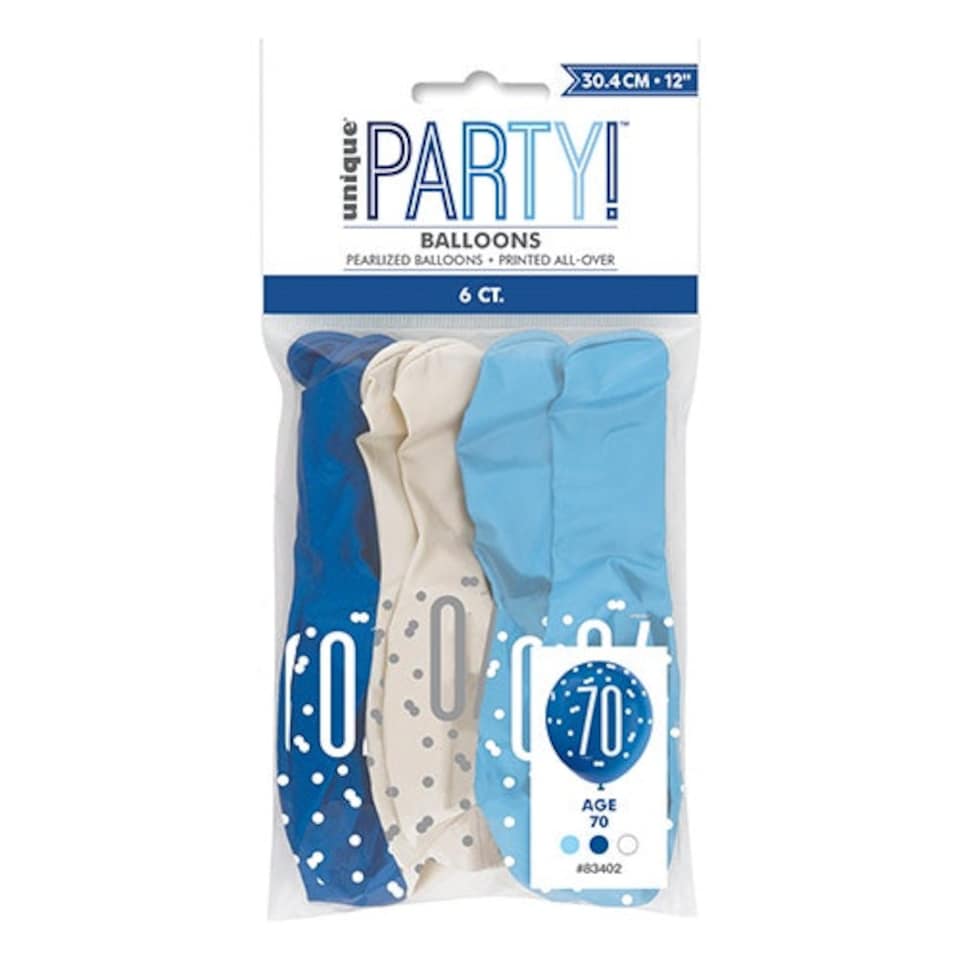 image 1 of Blue Glitz Age 70 Assorted Biodegradable Latex Balloons 30cm / 12 in - Pack of 6