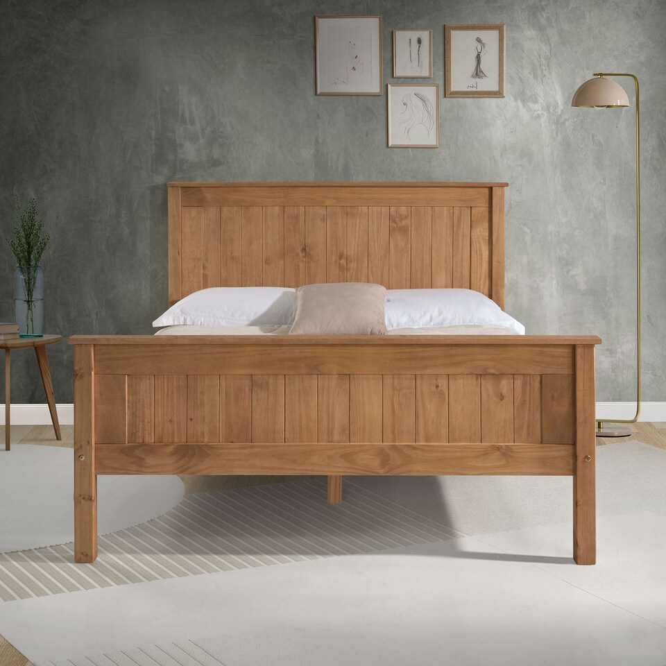 image 1 of 4ft6 Double Waxed Pine,Wood,Wooden High Foot End,Solid Panel Bed Frame.Shaker Style | Clear | Natural Pine | Double