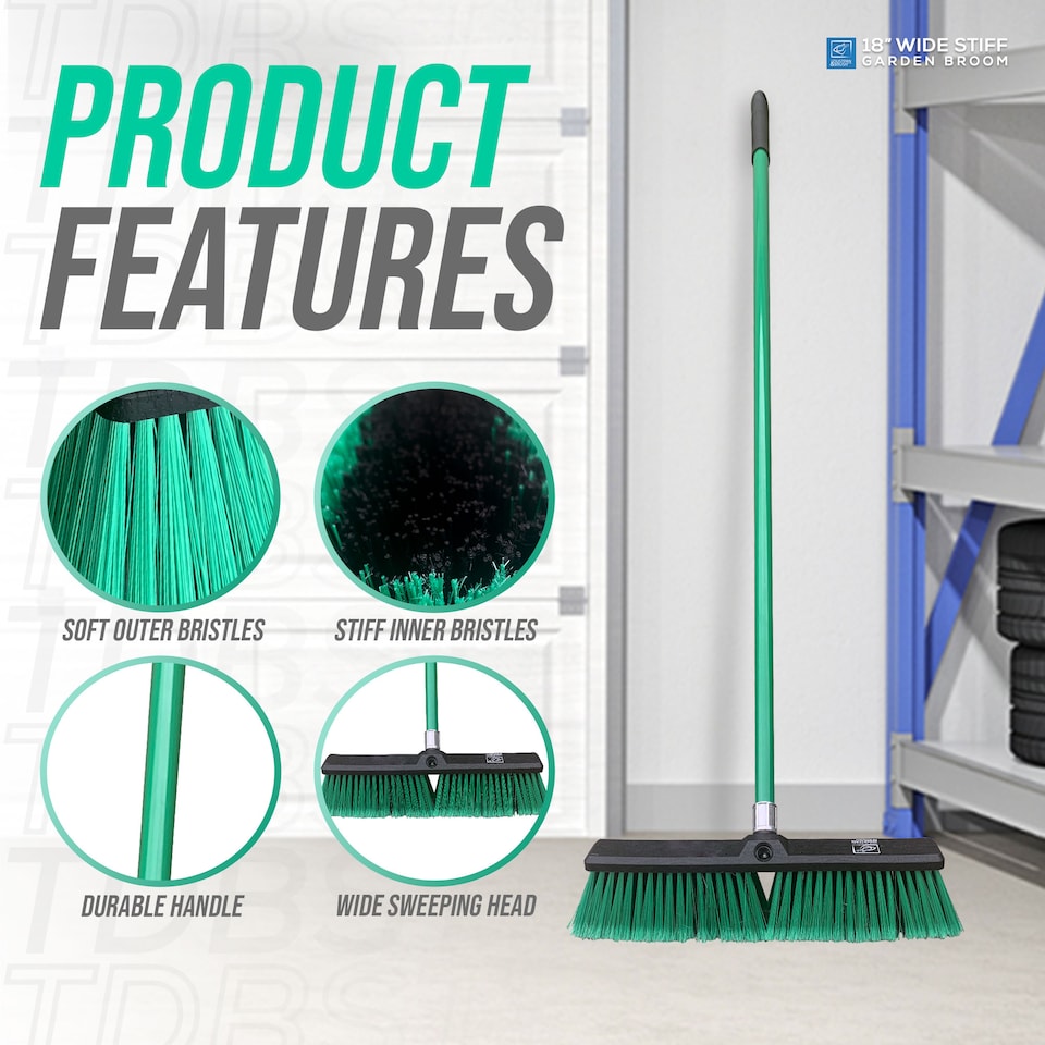 image 1 of Green 18" Heavy Duty Outdoor Yard Broom and Metal Handle