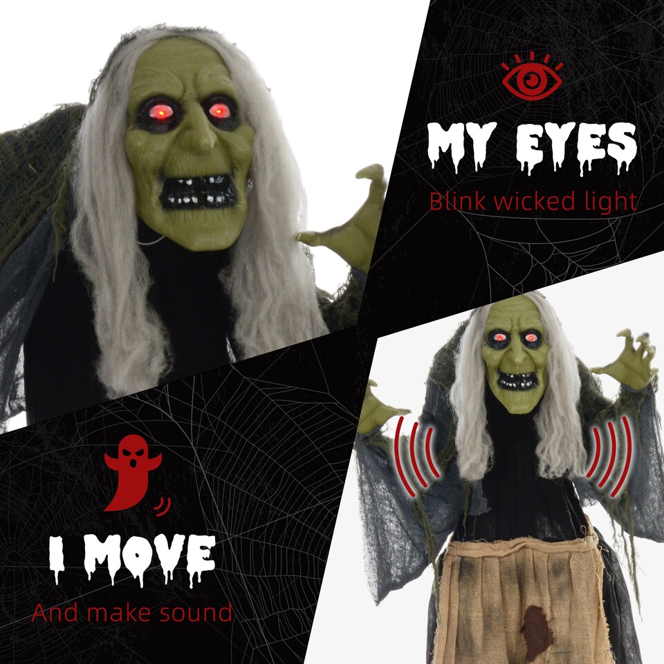 image 1 of HOMCOM 160cm 63 Witch Outdoor Halloween Decoration, Halloween Animatronic with Sound Activated, Light Up Eyes, Sound Effects, Animated Prop for Haunted House
