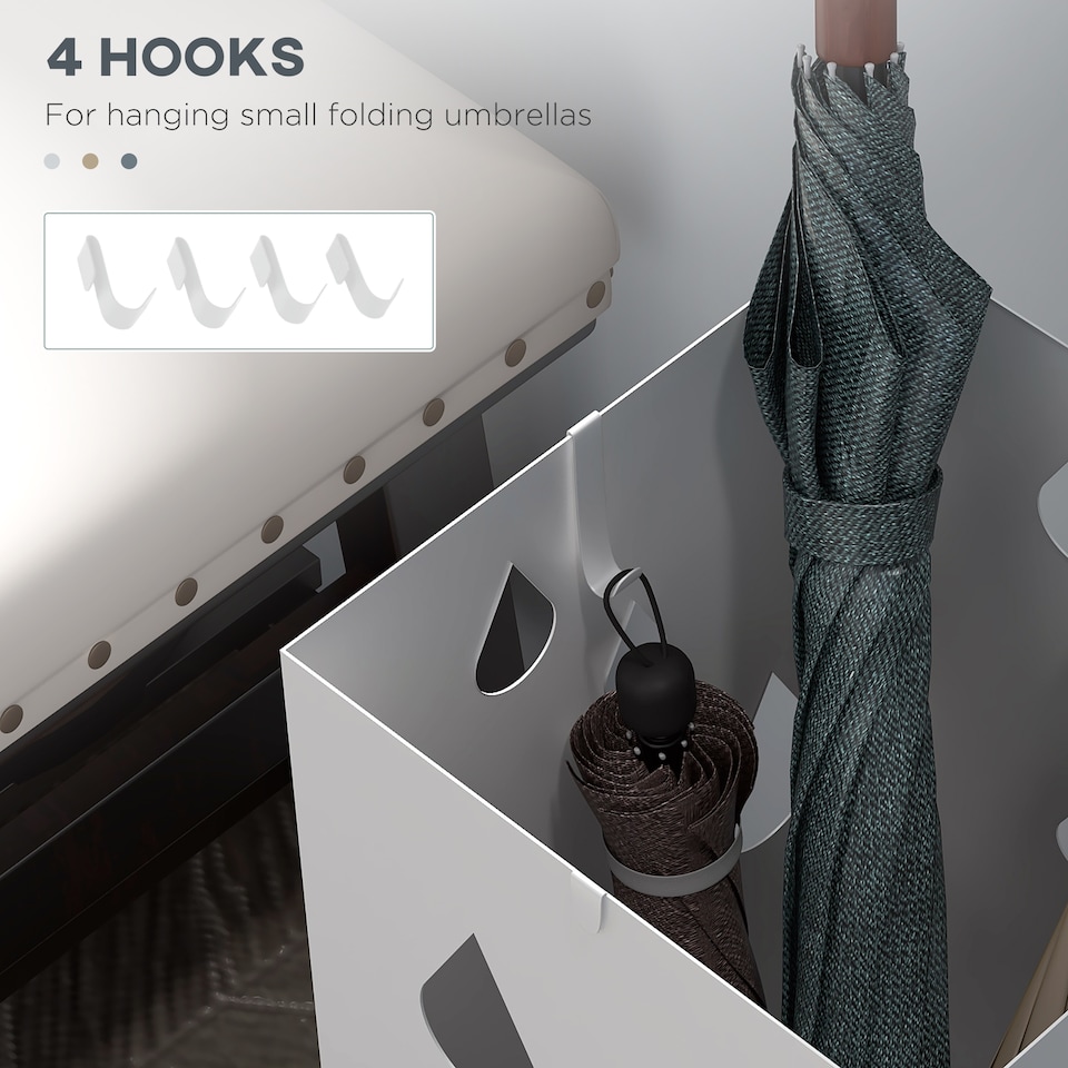 image 1 of HOMCOM Metal Umbrella Stand, Square Umbrella Basket with 4 Hooks Drip Tray White