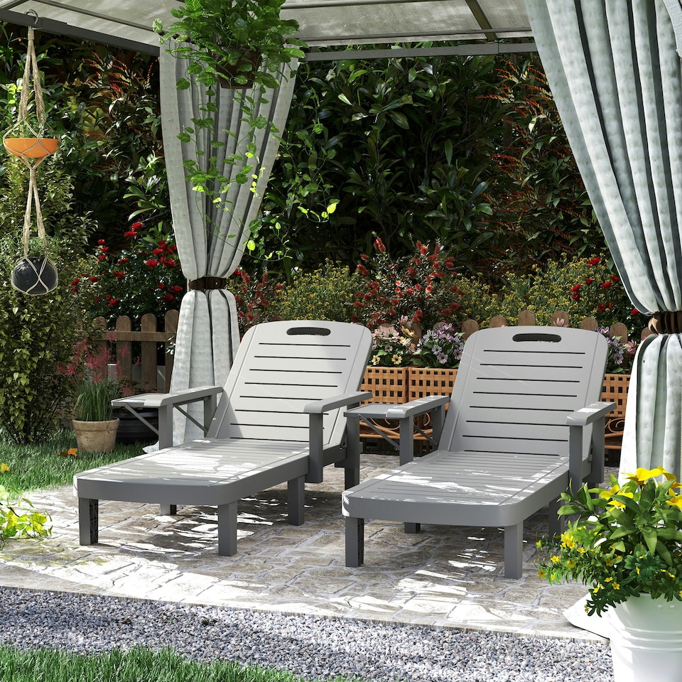 image 1 of Outsunny Set of 2 Resin Reclining Sun Loungers for Garden, Dark Grey