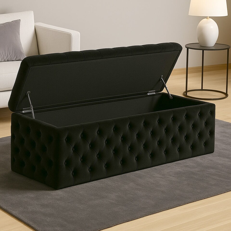 image 1 of 180cm Wide Lux Ottoman Storage Box, Black Velvet Upholstered Chesterfield Storage Ottoman Box