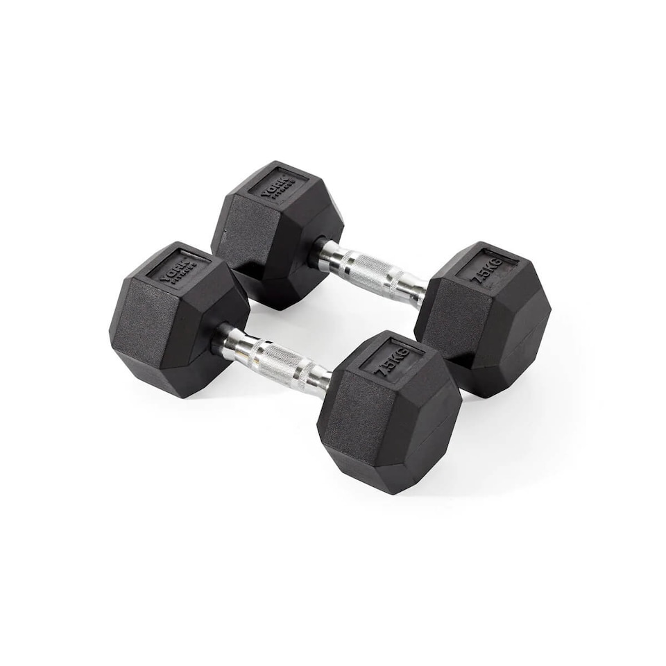 York Fitness Rubber Hex Dumbbells, Pair 7.5 kg Each (Chrome-Plated Handles) | Black | BLACK | 9917
