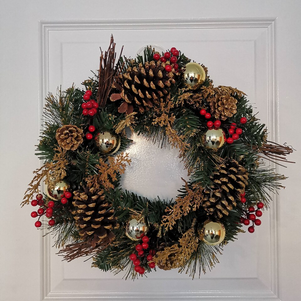 image 1 of 40cm Gold Dressed Christmas Wreath, Baubles, Pinecones and Berries