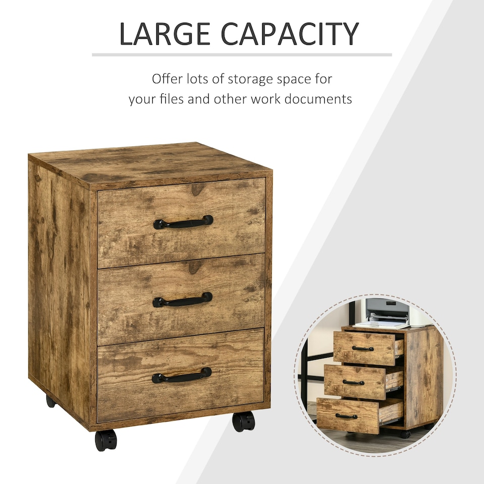 image 1 of HOMCOM File Cabinet with 3 Drawers, Under Desk Mobile Filing Cabinet Brown