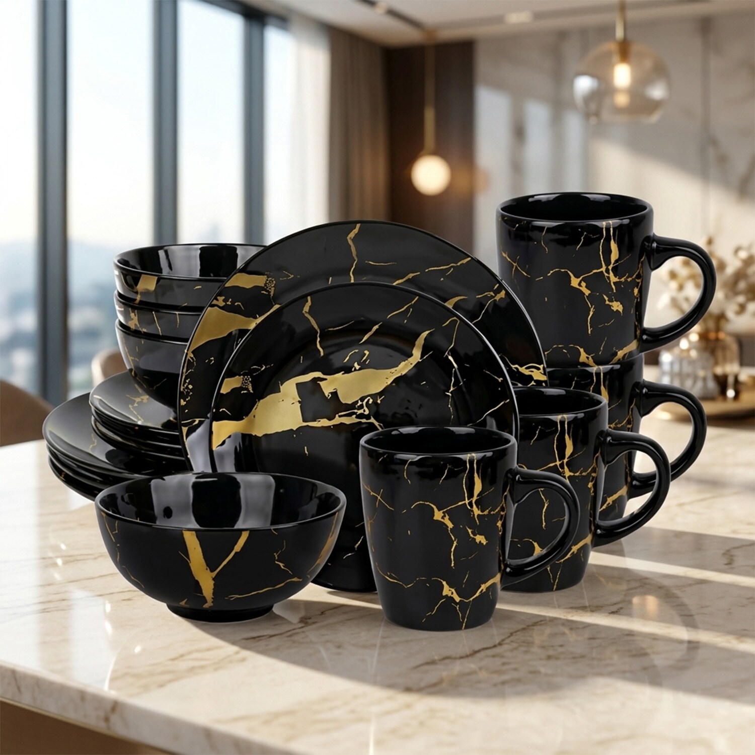 Alivio 16-Piece Dining Entertaining Dinnerware Set with Plates, Bowls & Mugs (Black and Gold)