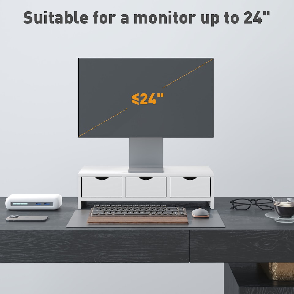 image 1 of HOMCOM Monitor Stand Riser with 3 Drawers, Monitor Riser for Laptop, Computer, PC, Small Printer, 51 x 24 x 13cm, White