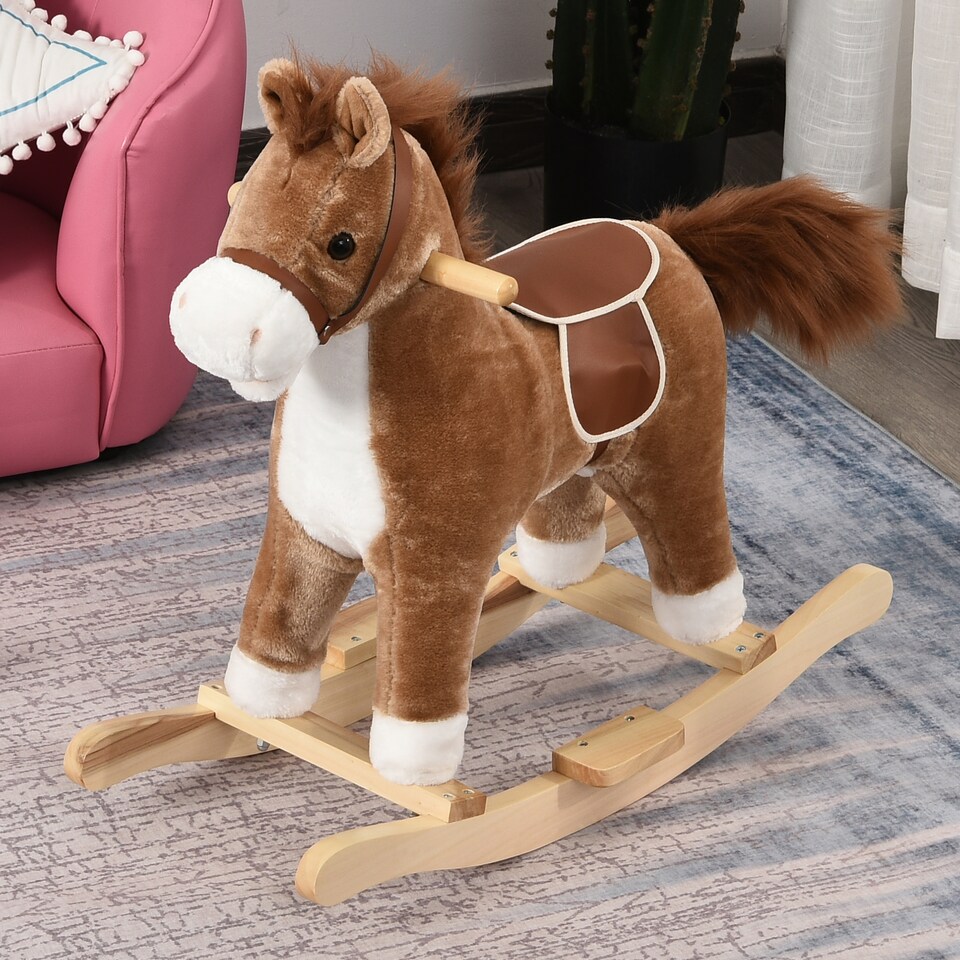 image 1 of HOMCOM Kids Plush Rocking Horse with Sound Moving Mouth Wagging Tail Children Rocker Ride On Toy Gift 3-6 Years Brown