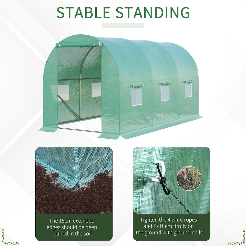 image 1 of Outsunny 4 x 2 x 2 m Polytunnel Greenhouse with Roll-up Door and 6 Windows | Green