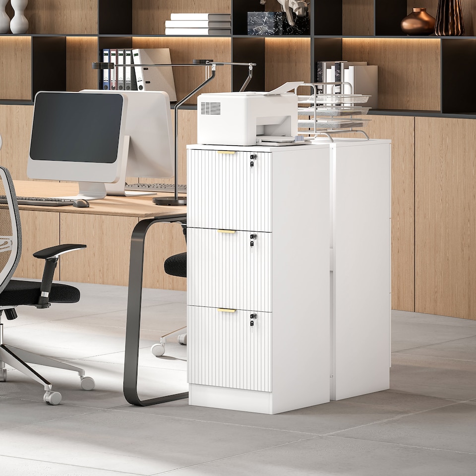 image 1 of Filing Cabinet, File Cabinet with 3 Lockable Drawers and Hanging Rails | White