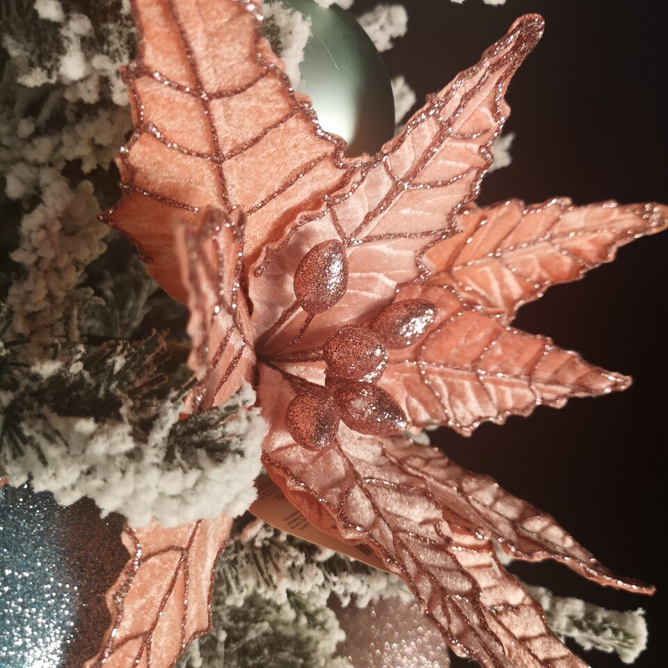 image 1 of 68cm Frosted Light Coral Pink Poinsettia Stem Christmas Decoration