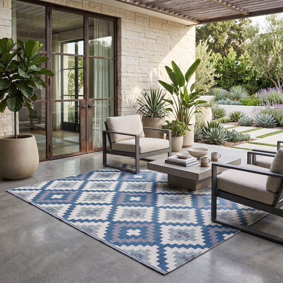 image 1 of Homescapes Outdoor Rug Luxury Waterproof Reversible Recycled, For Garden, Mia Aztec | Blue | Blue