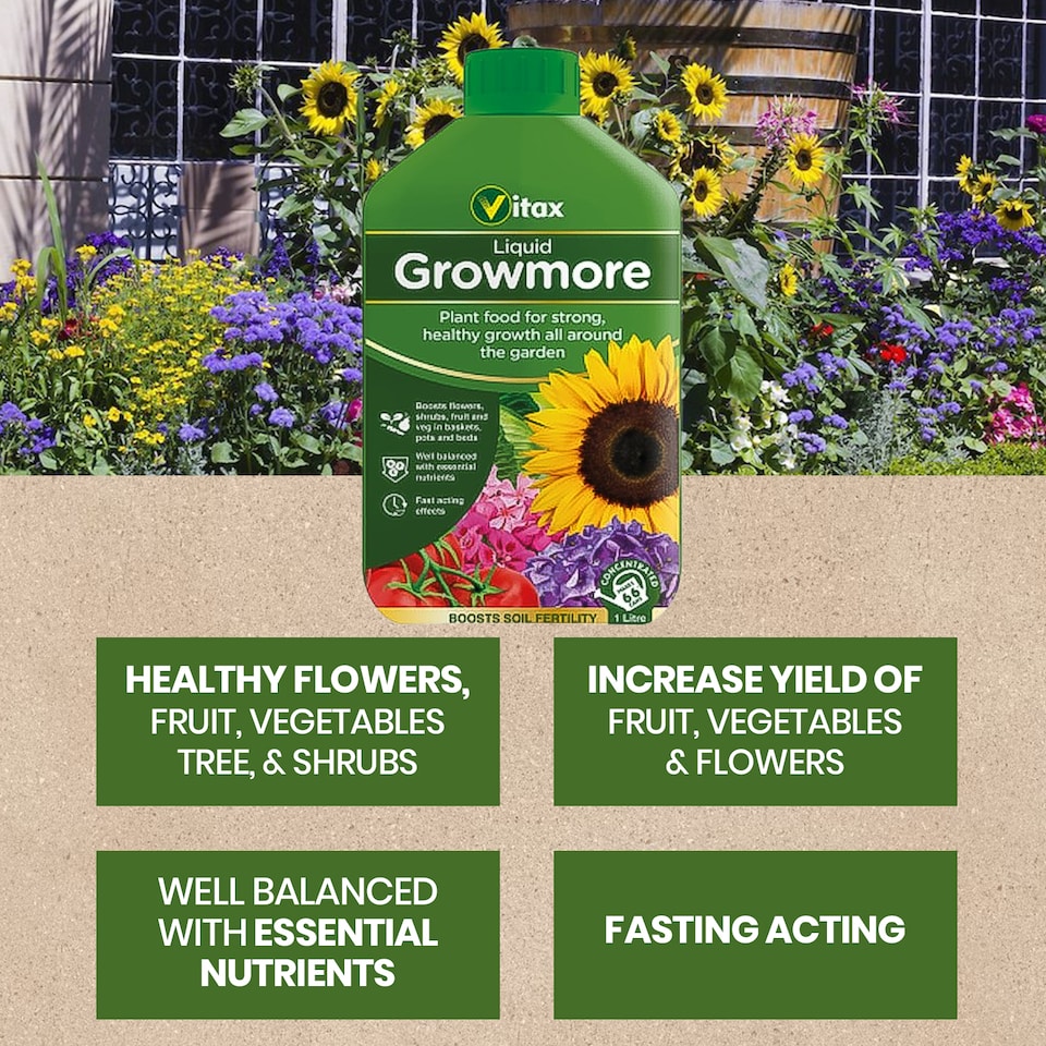 image 1 of Vitax Liquid Growmore 1L Concentrated All Purpose Plant Feed for Lawns Vegetables Flowers NPK Fertiliser Growth Boost