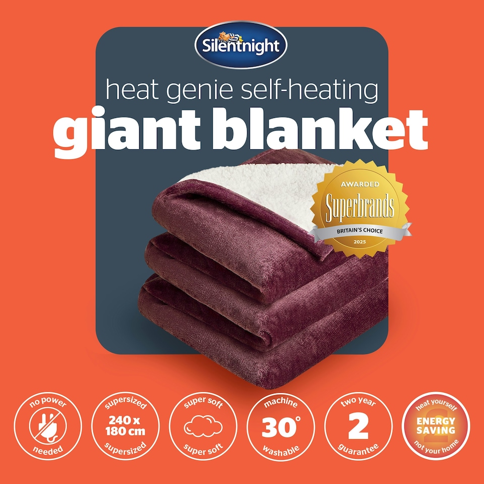 image 1 of Silentnight Heat Genie Self Heating Giant Blanket Purple | Berry