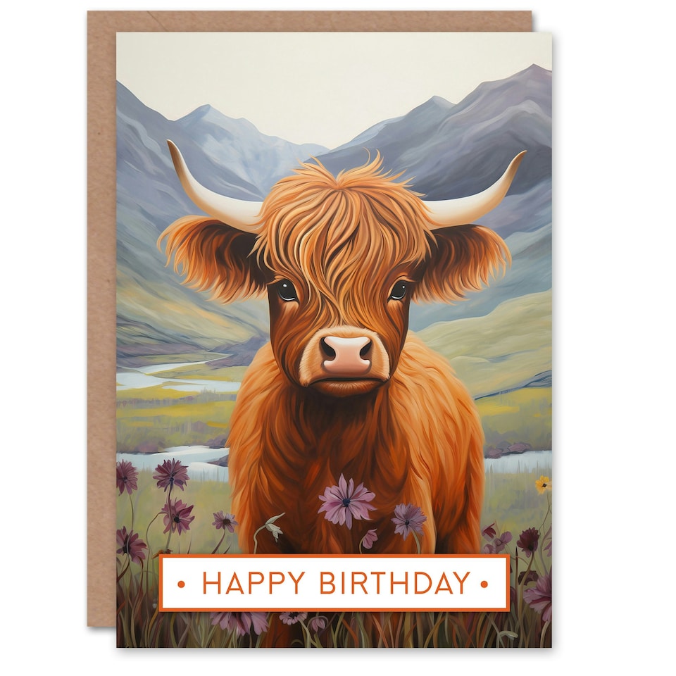 image 1 of Happy Birthday Cute Highland Cow in Scotland Heather Birthday Card