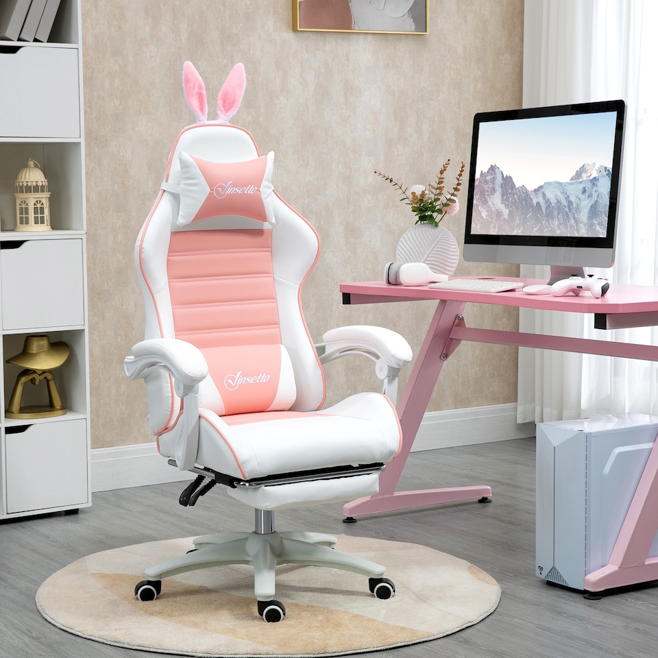 image 1 of Vinsetto Racing Gaming Chair, Reclining PU Leather Computer Chair with Removable Rabbit Ears, Footrest, Headrest and Lumber Support, Pink