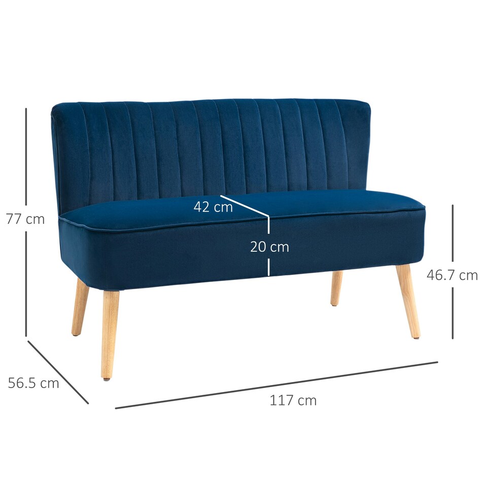 image 1 of HOMCOM Velvet-Feel Double Sofa w/ Wood Frame Foam Padding High Back, Blue