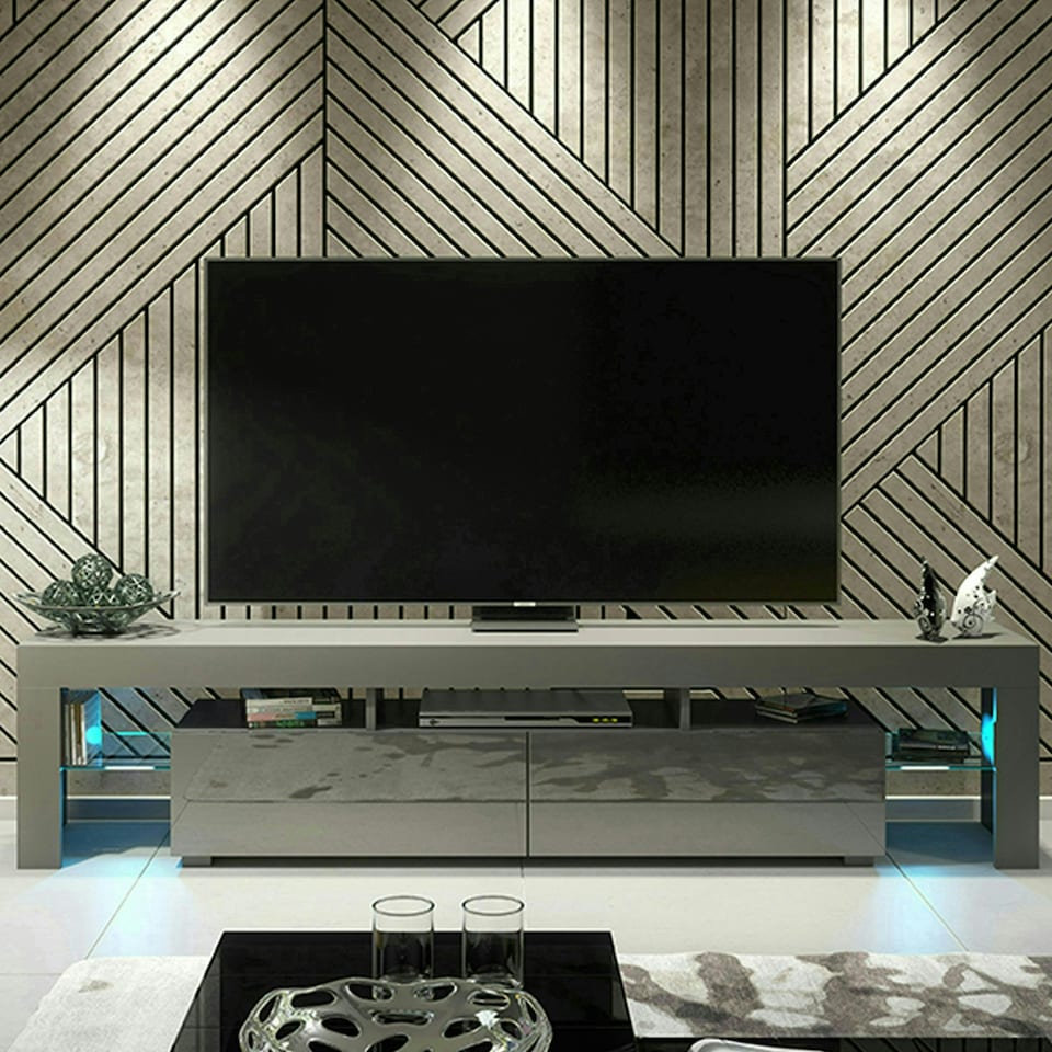 image 1 of TV Unit 200cm Grey Gloss Doors Grey Matt Frame Modern Media Cabinet Grey