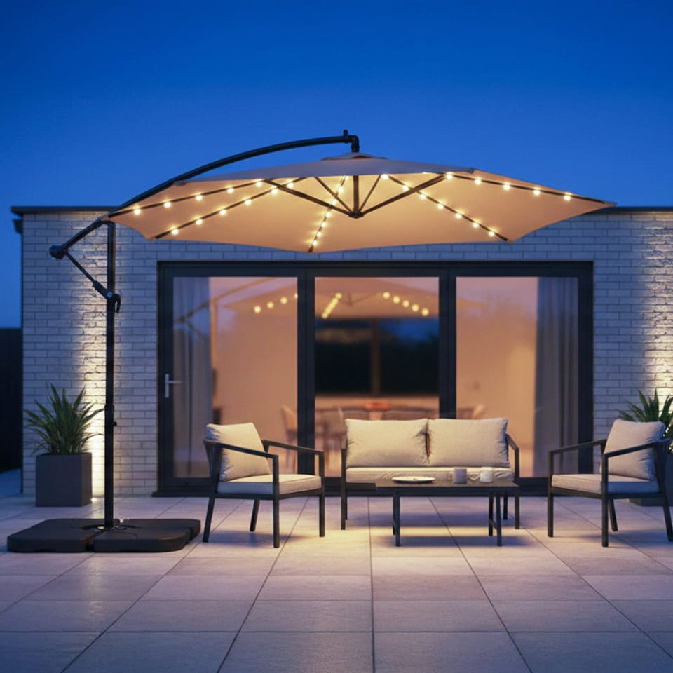image 1 of JSH 3m Hanging Banana Cantilever Parasol with LED Lights - Beige