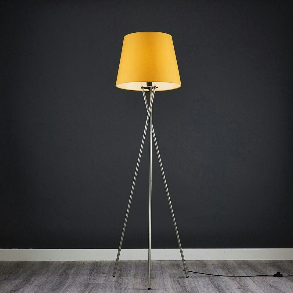 image 1 of ValueLights Camden Brushed Chrome Tripod Floor Lamp Mustard Taper Shade & Bulb Yellow