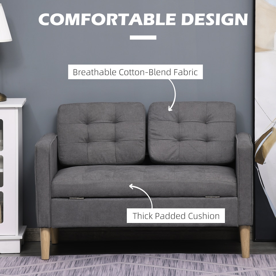 image 1 of HOMCOM Modern 2 Seater Sofa with Hidden Storage, 117cm Tufted Cotton Couch with Wood Legs, Compact Loveseat for Living Room, Kitchen, Grey