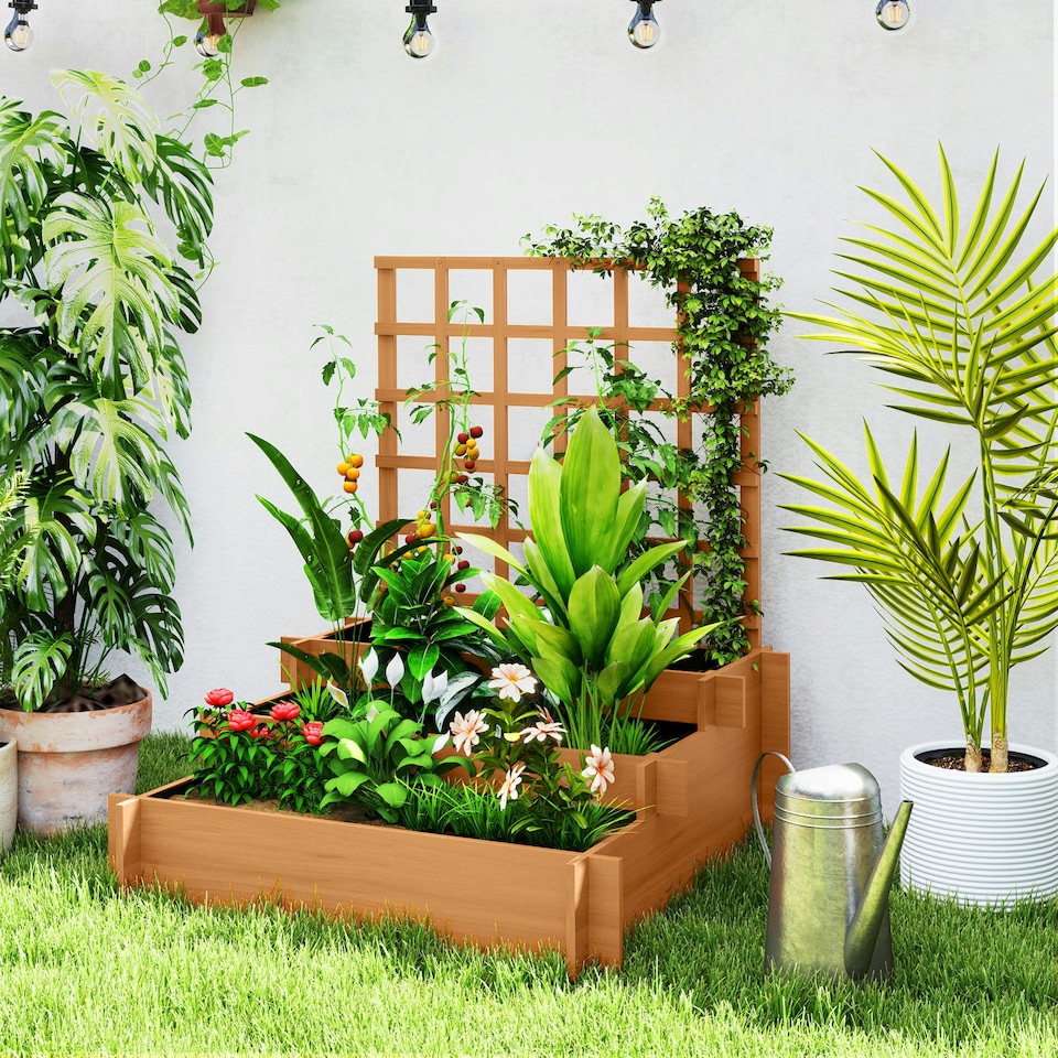 image 1 of Outsunny 3 Tier Wooden Garden Planters with Trellis for Vine Climbing Plants Brown