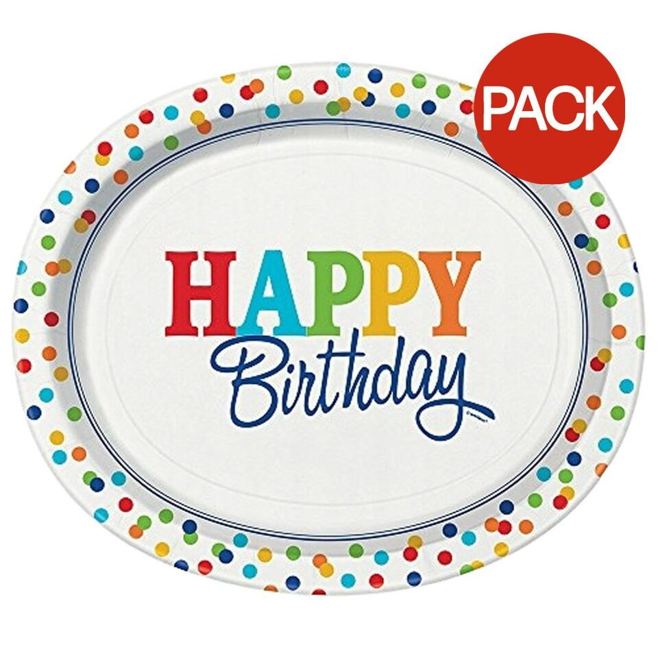 image 1 of Unique Party Rainbow Paper Polka Dot Happy Birthday Party Plates (Pack of 8) - Multicoloured - One Size