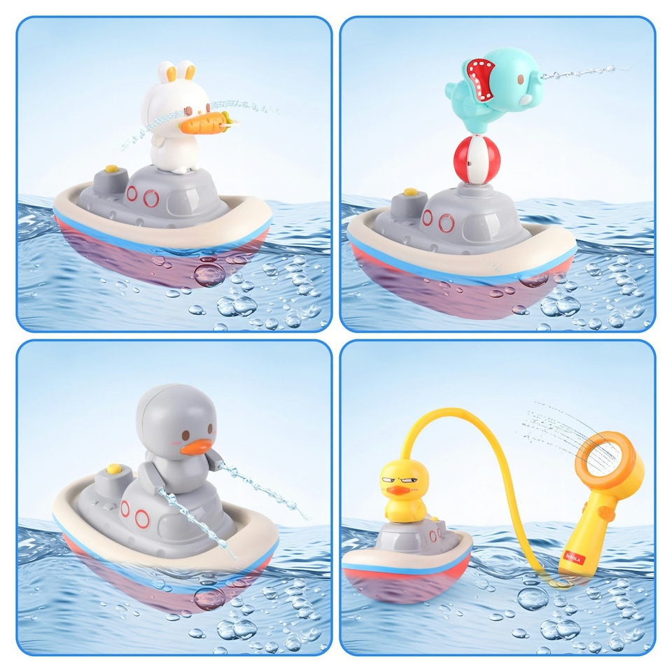 image 1 of Baby Bath Time Shower Toy Set with Floating Boat & Animal Sprinklers – Interactive Water Play for Toddlers, Safe & Fun Bath Toy Gift for Kids 3+