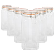 Argon Tableware Square Glass Jars with Clip-Top Lids - 1.7L - Pack of 6