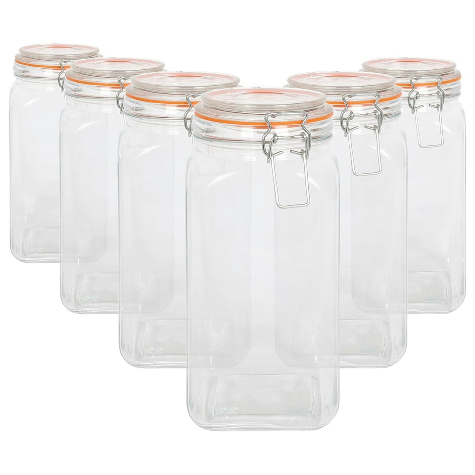 image 1 of Argon Tableware Square Glass Jars with Clip-Top Lids - 1.7L - Pack of 6
