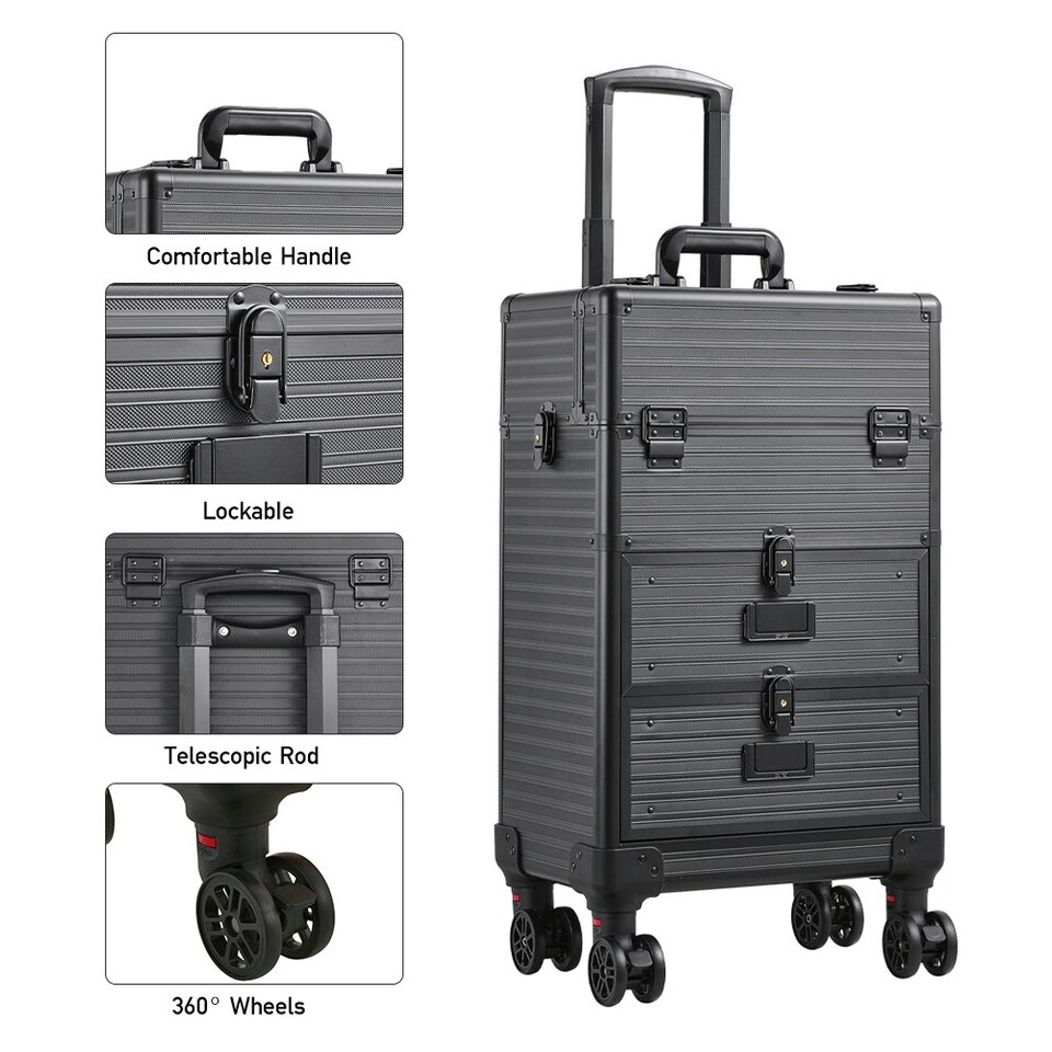 image 1 of Living and Home 3-in-1 Cosmetic Trolley Case with Drawers & Wheels - Black | Black