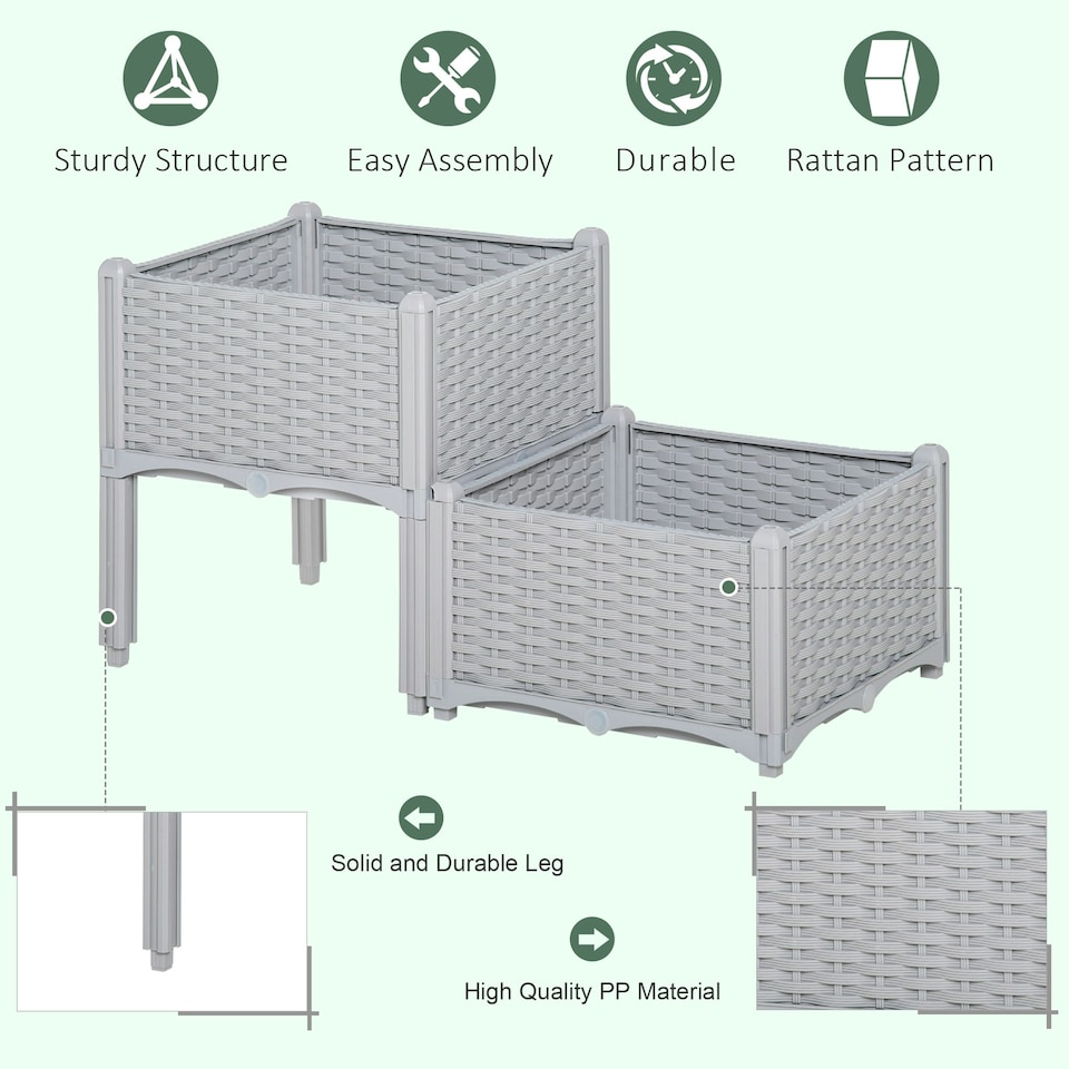 image 1 of Outsunny 2-pieces Elevated Flower Bed Vegetable Herb Planter Plastic, Grey