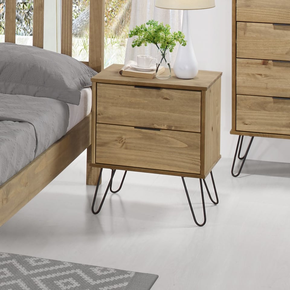 image 1 of Augusta 2 Drawer Bedside Table - Modern Industrial Style Nightstand for Bedrooms | Brown | Antique Waxed Pine | One Size | 1