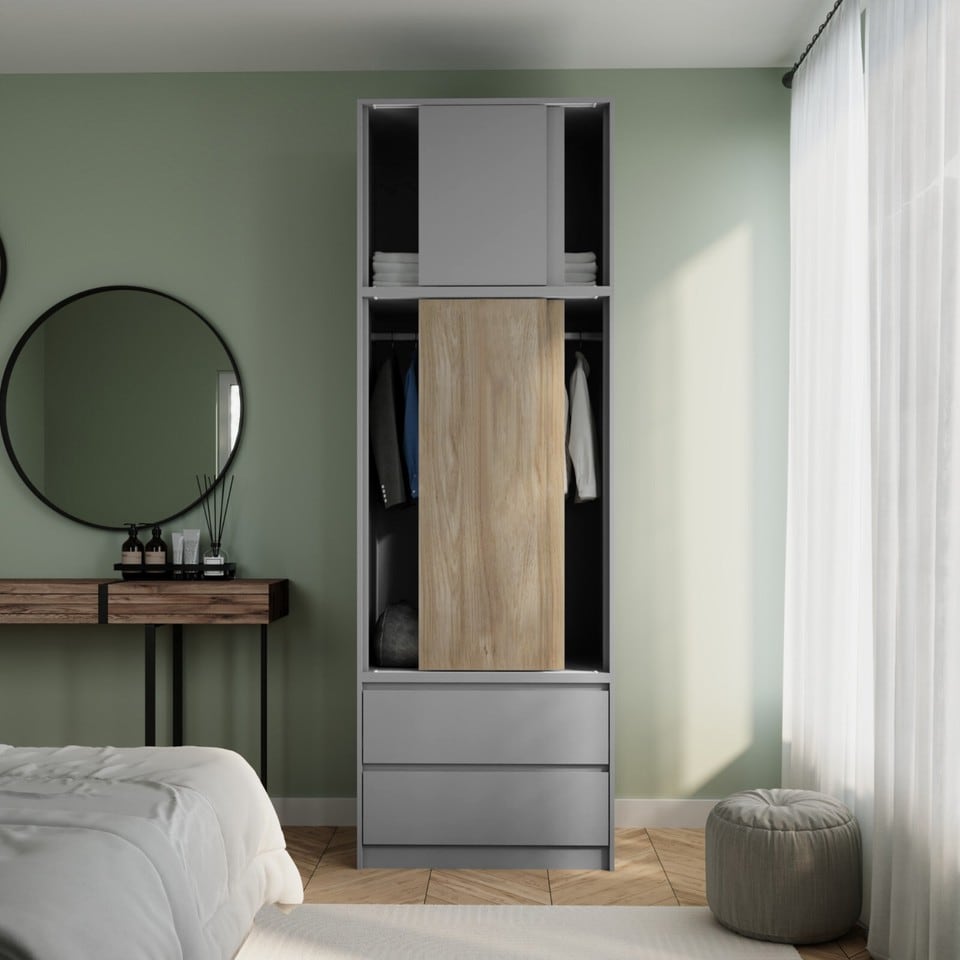 image 1 of 240cm 2 Sliding Doors Wardrobe Bedroom Storage Closet Hanging Rail Cupboard Unit | Multi | Grey Carcass & Oak Doors | 1