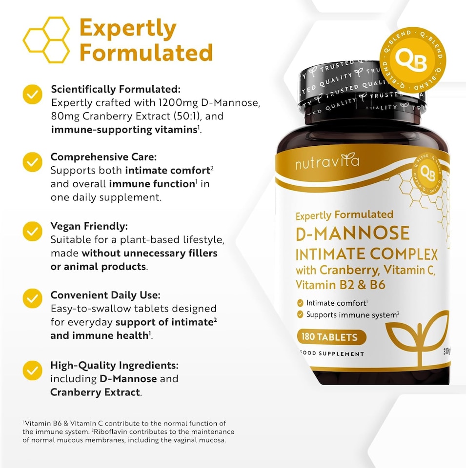 image 1 of Nutravita D Mannose Complex with Vitamin C, Vitamin B6 and Cranberry Fruit Extract - Support Normal Function of Immune System - 180 Tablets