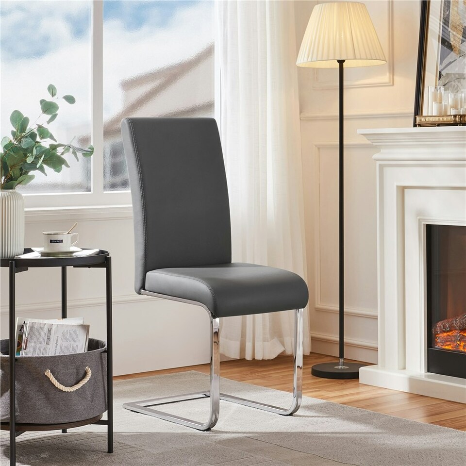 image 1 of Yaheetech Set of 2 Dining Chairs Faux Leather Chairs with Metal Legs Grey | Dark Grey