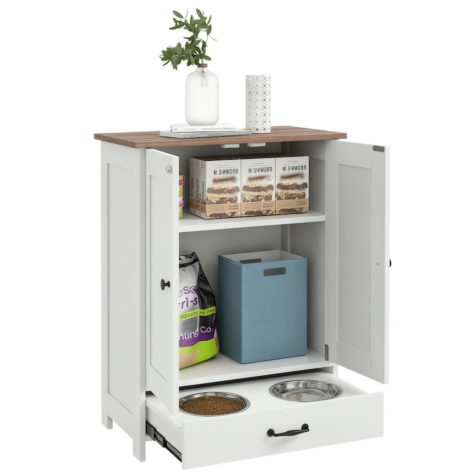 image 1 of PawHut Dog Feeding Station with Storage, Pet Feeding Station with Dog Bowls White | 80H x 60W x 35D cm