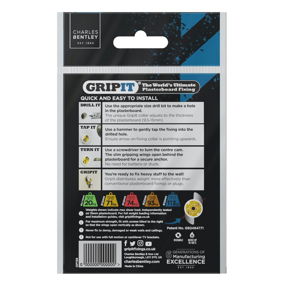 image 1 of Gripit 15mm Plasterboard Fixing Stud Wall Anchor Max Load 71kg - Yellow - 8 Pack