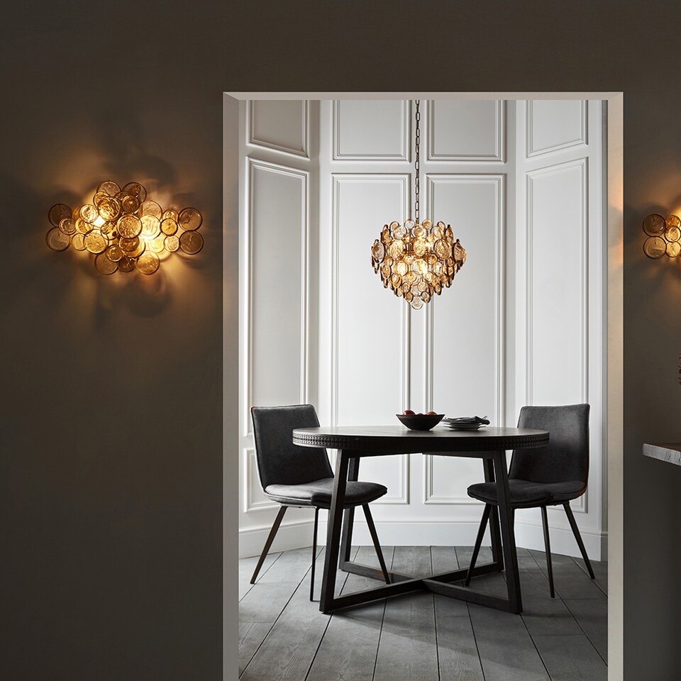 image 1 of Carbonia 6 Light Ceiling Pendant Antique Gold Paint, Clear & Amber Glass