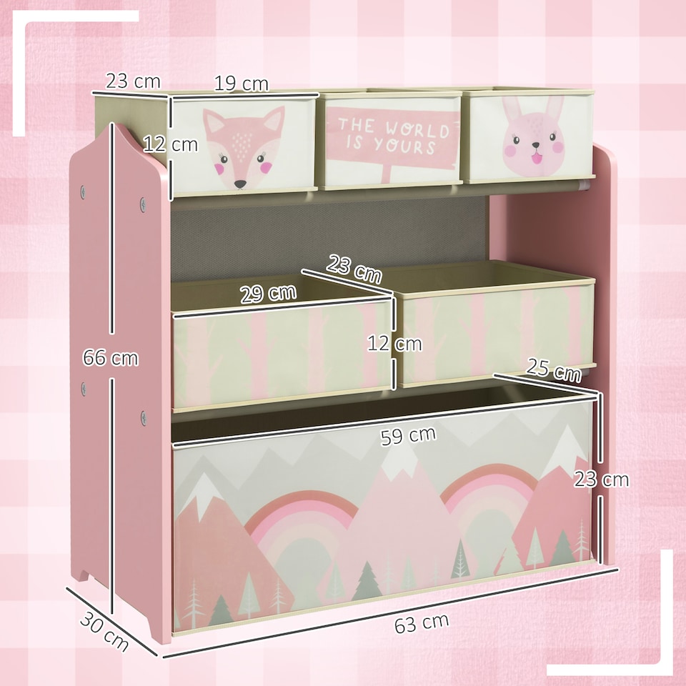 image 1 of ZONEKIZ Kids Storage Unit with 6 Boxes, Childrens Toy Storage Organiser, Pink