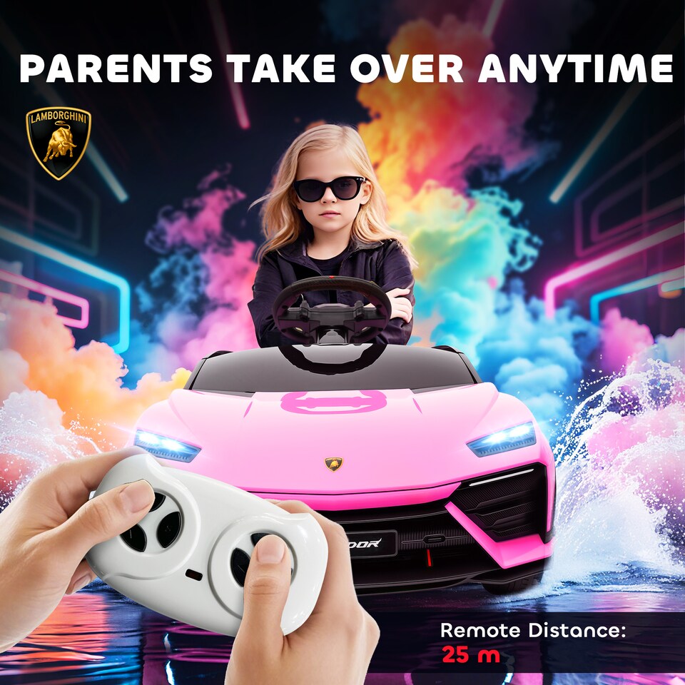 image 1 of AIYAPLAY Licensed Lamborghini Electric Cars for Kids, 12V Battery Powered Ride On Car with Remote Control, Suspension, MP3, Horn, for 3-6 Years Old | Pink